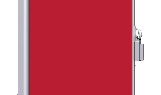 Rote Seitenmarkise mit silbernem Gestell