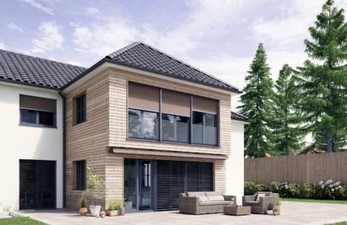 Modernes zweistöckiges Haus mit Holzelementen und großen Fenstern