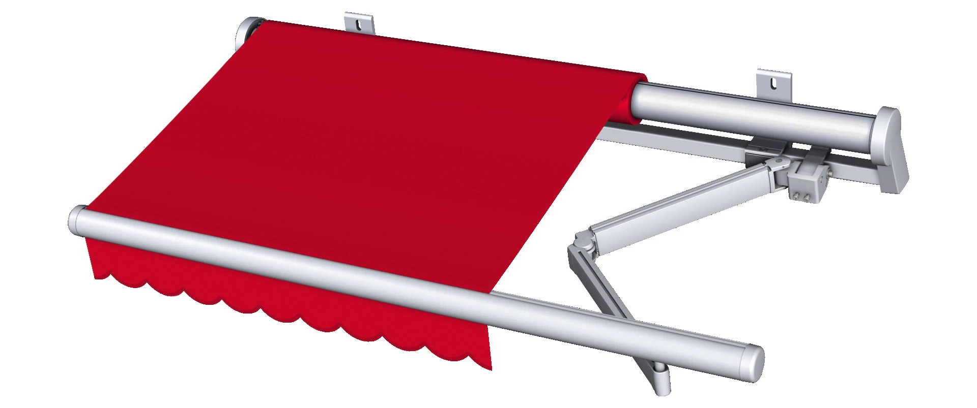 Illustration einer roten Markise mit Gelenkarm
